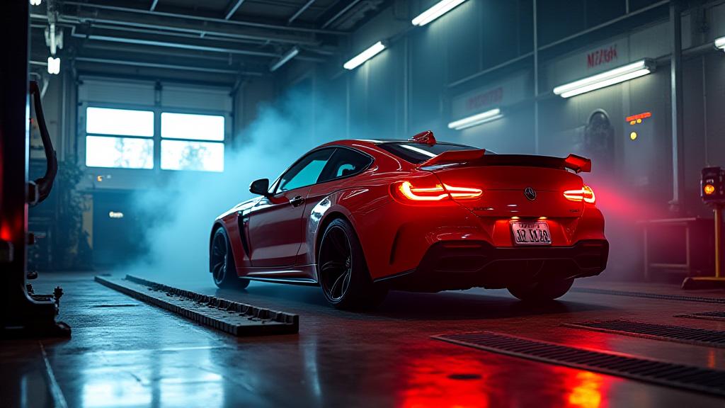 Automóvil en un dinamómetro realizando pruebas de potencia en taller