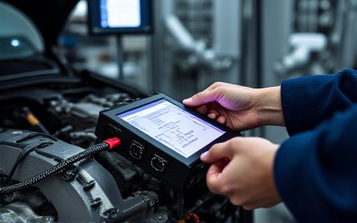 Mano de técnico reprogramando la unidad de control del motor (ECU) de un coche